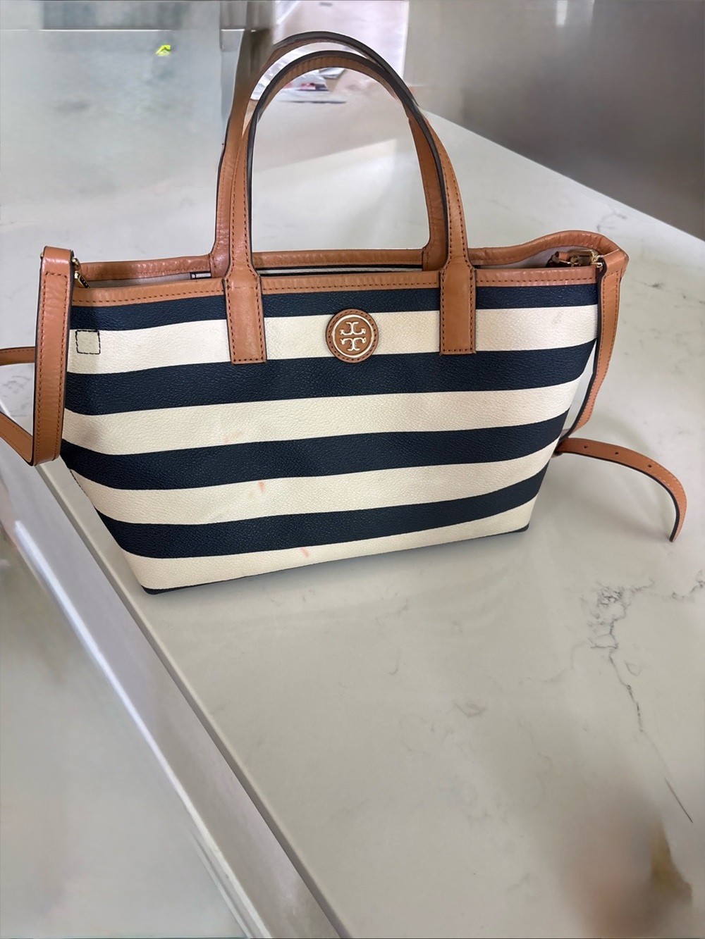 Tory Burch Navy and Cream Striped Tote with Tan Leather Accents - Picture 7 of 16